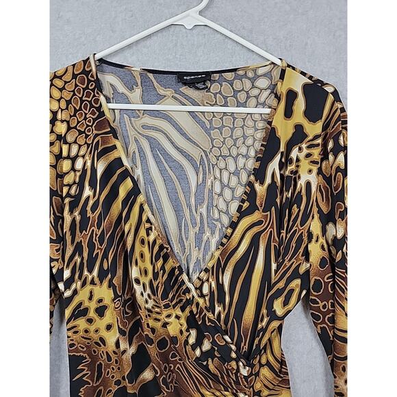 Spense Brown Animal Print LS Faux Wrap V Neck Blouse Women's Large Stretch - Picture 3 of 11